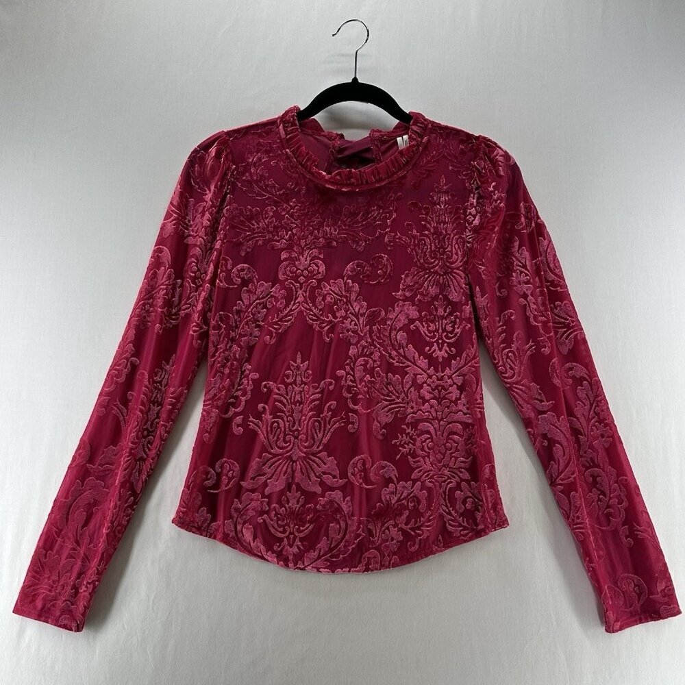 By Anthropologie Velvet Burnout Top S Lace Up Back Ruffle Mock Neck Damask Pink - Picture 2 of 16